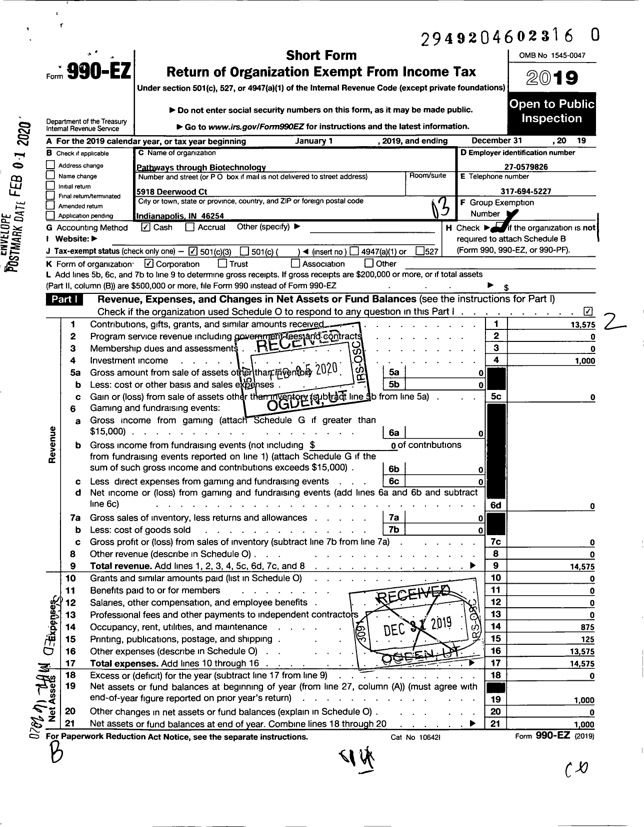 Image of first page of 2019 Form 990EZ for Pathways Through Biotechnology