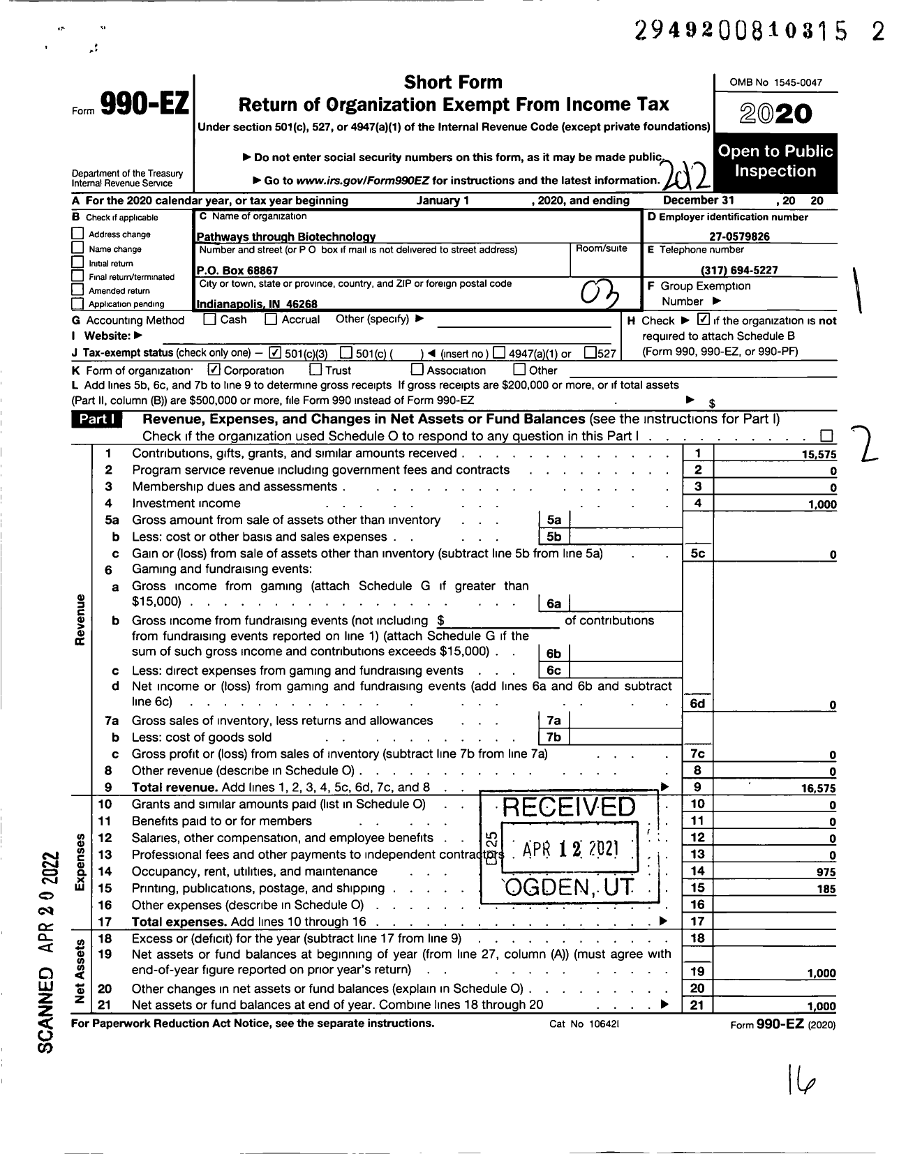 Image of first page of 2020 Form 990EZ for Pathways Through Biotechnology