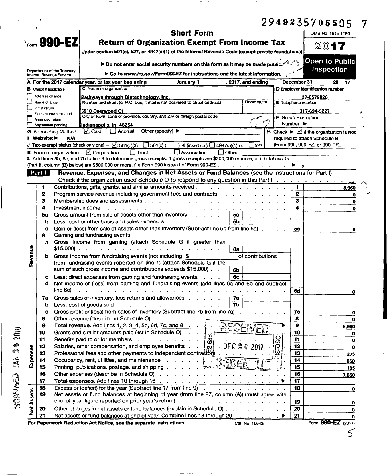 Image of first page of 2017 Form 990EZ for Pathways Through Biotechnology