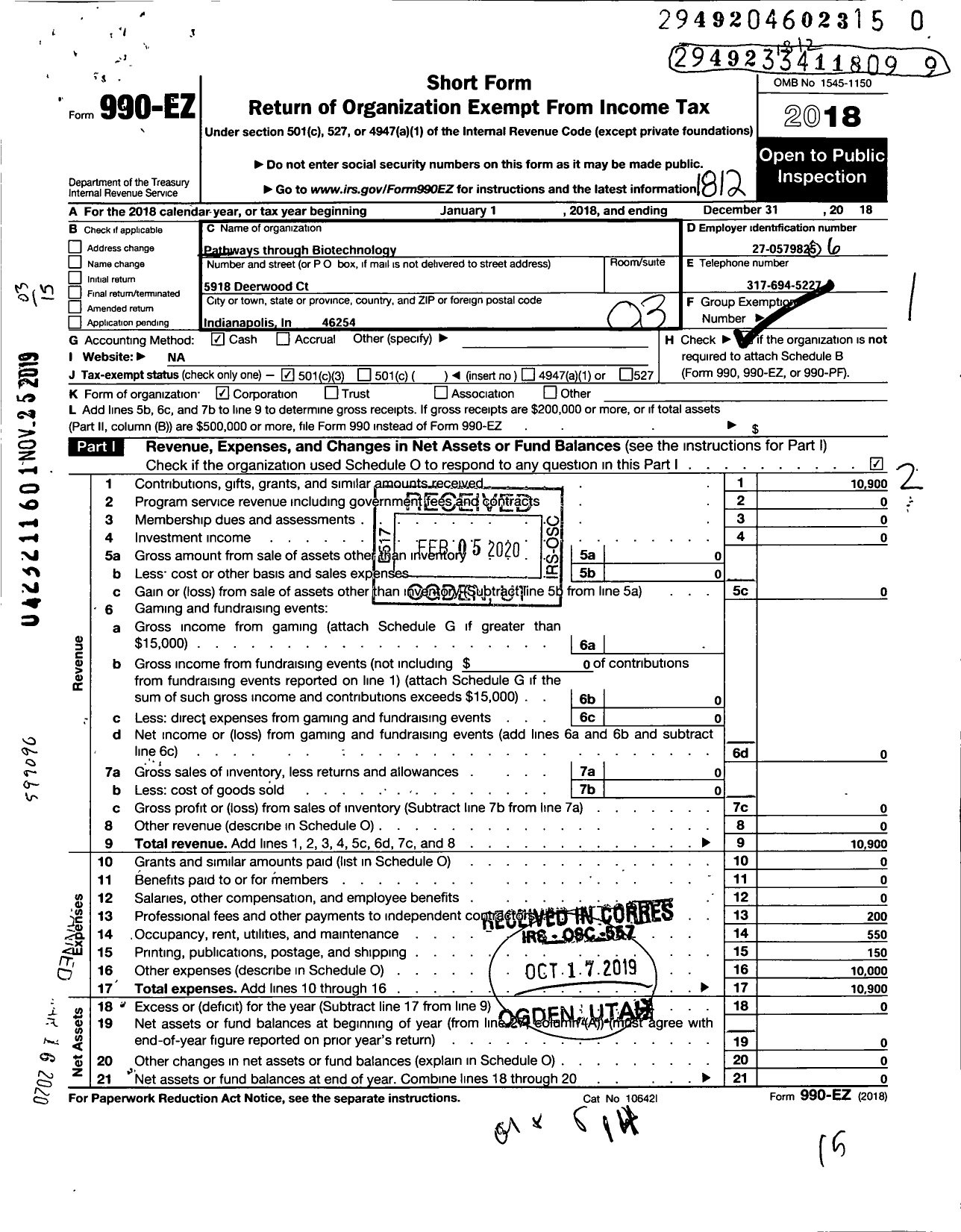 Image of first page of 2018 Form 990EZ for Pathways Through Biotechnology