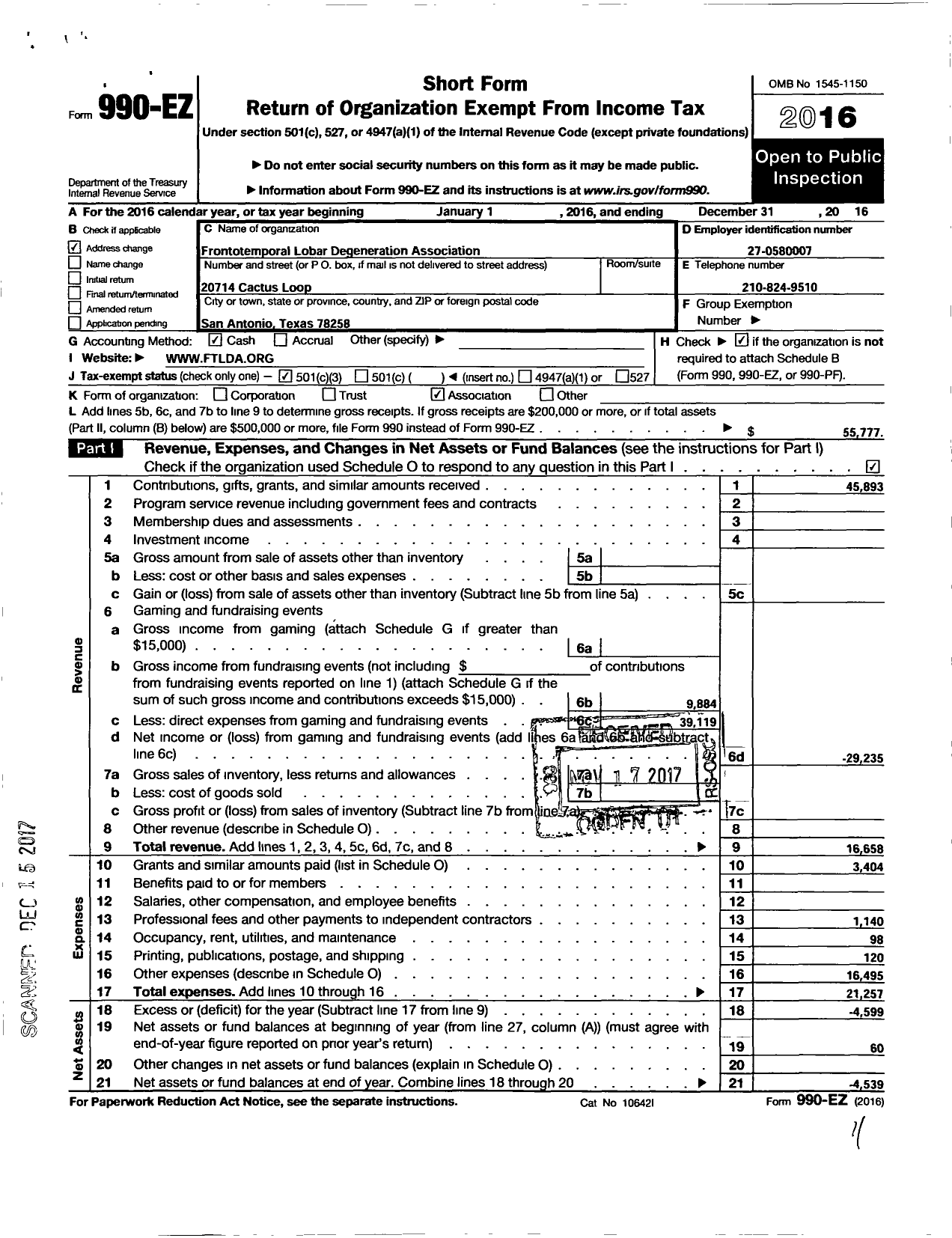 Image of first page of 2016 Form 990EZ for Frontotemporal Diesease Association