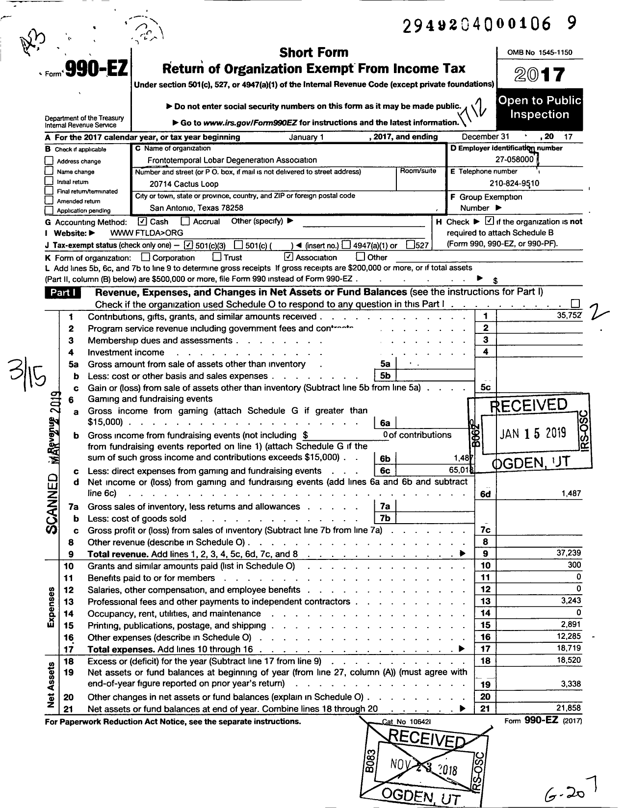 Image of first page of 2017 Form 990EZ for Frontotemporal Diesease Association