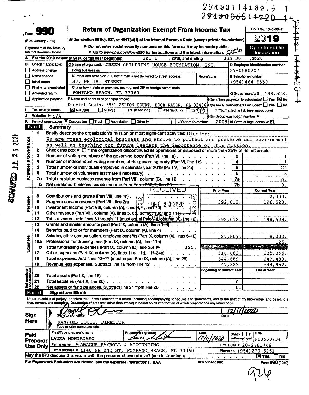 Image of first page of 2019 Form 990 for Green Childrens House Foundation