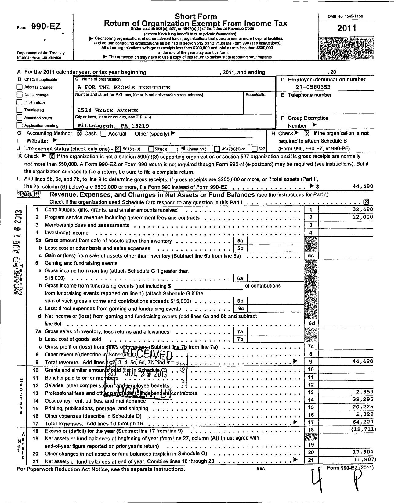 Image of first page of 2011 Form 990EZ for A For The People Institute