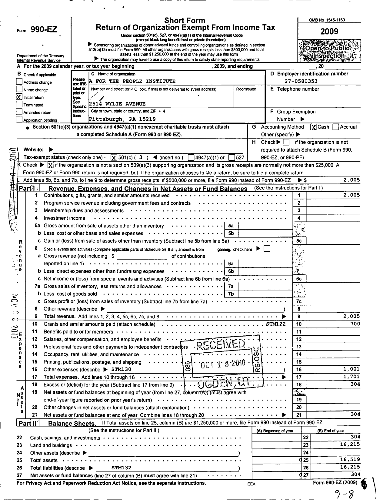 Image of first page of 2009 Form 990EZ for A For The People Institute