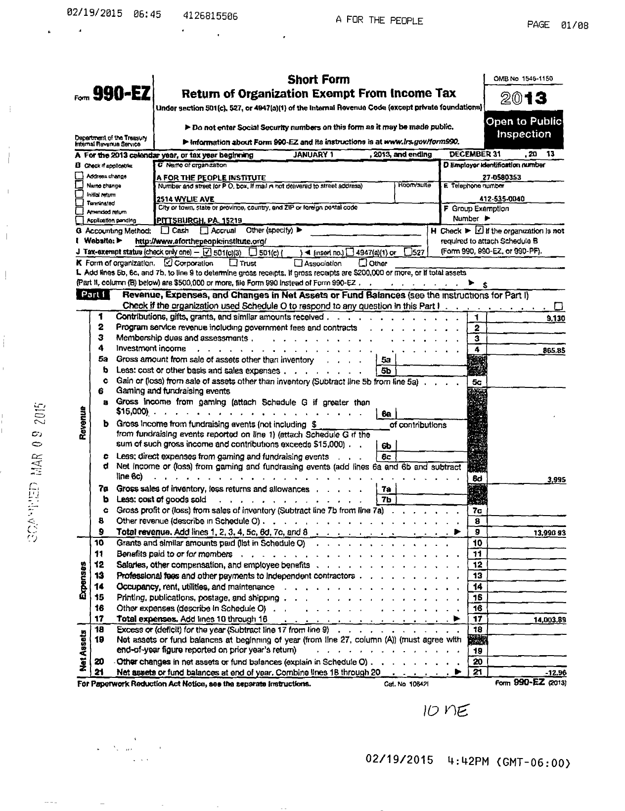 Image of first page of 2013 Form 990EZ for A For The People Institute