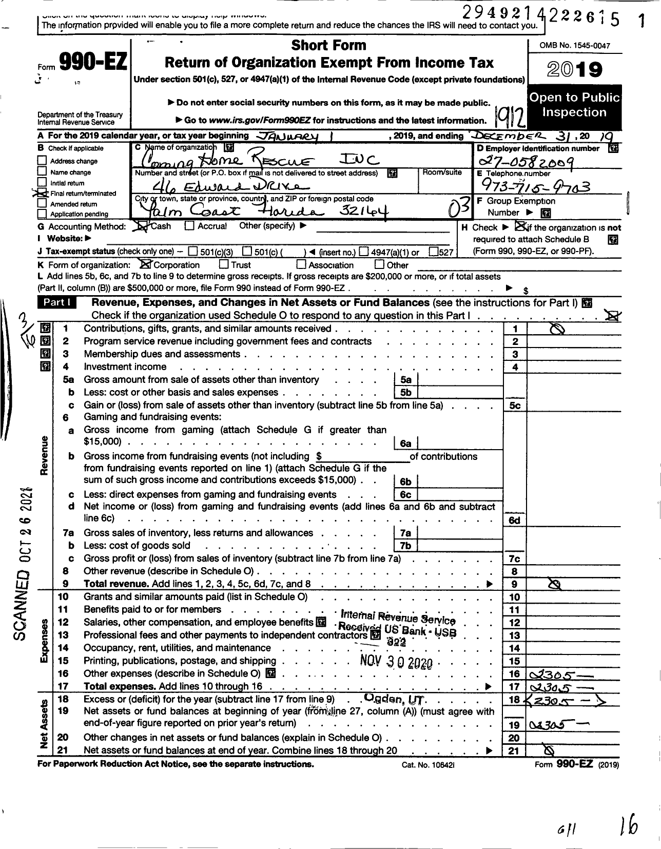 Image of first page of 2019 Form 990EZ for Coming Home Rescue