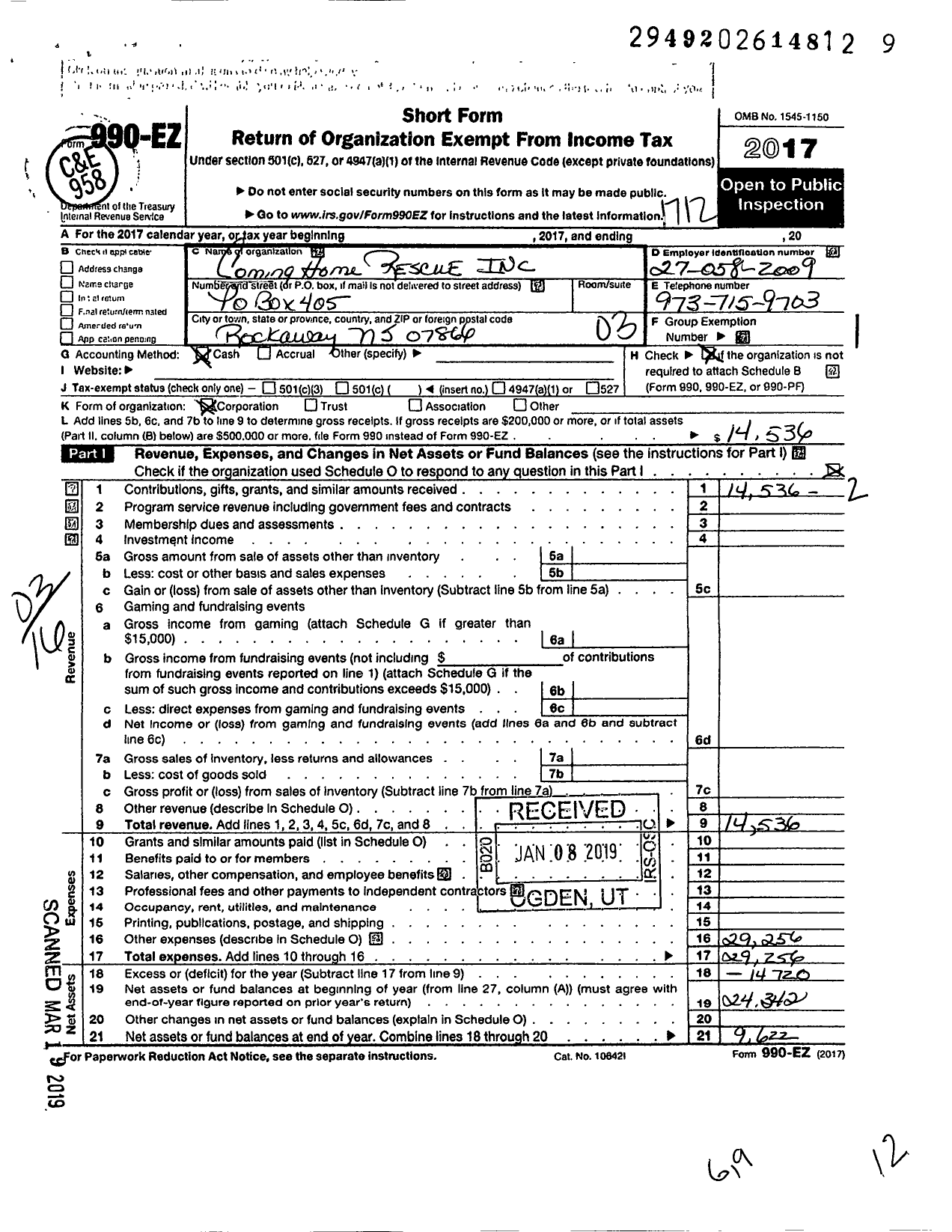 Image of first page of 2017 Form 990EZ for Coming Home Rescue