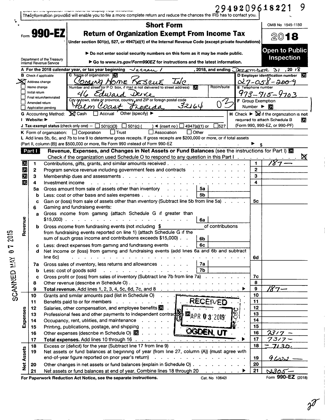 Image of first page of 2018 Form 990EZ for Coming Home Rescue