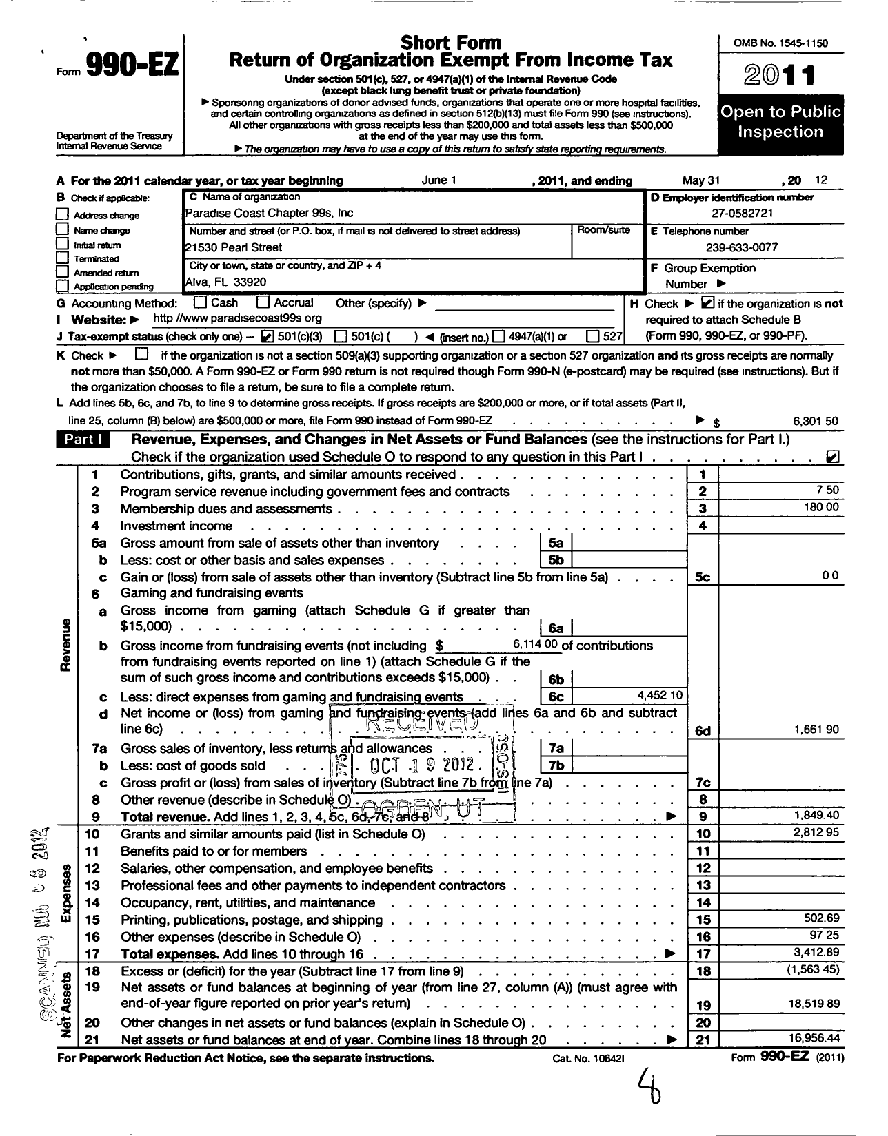 Image of first page of 2011 Form 990EZ for Paradise Coast Chapter Ninety Nines