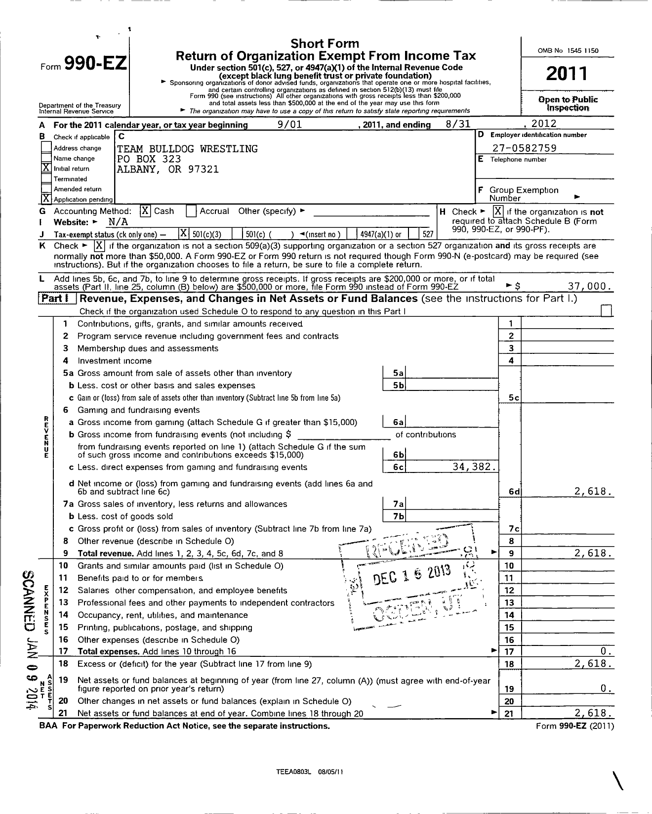 Image of first page of 2011 Form 990EZ for Team Bulldog Wrestling