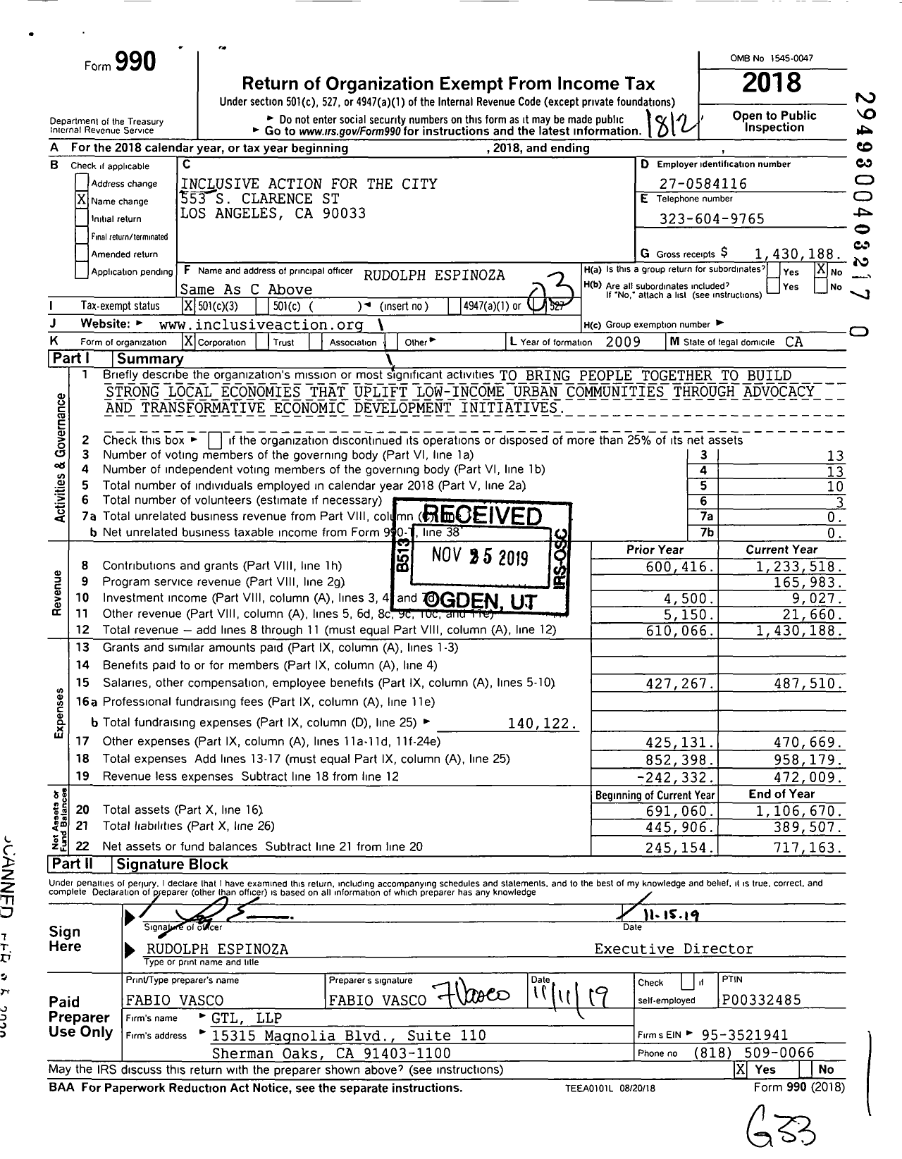 Image of first page of 2018 Form 990 for Inclusive Action for the City