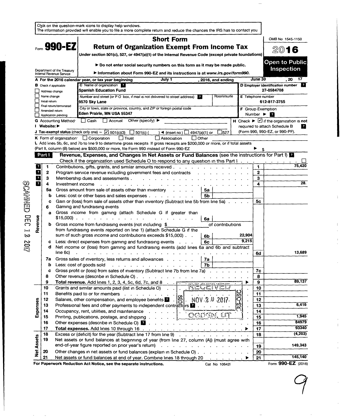 Image of first page of 2016 Form 990EZ for Spanish Education Fund