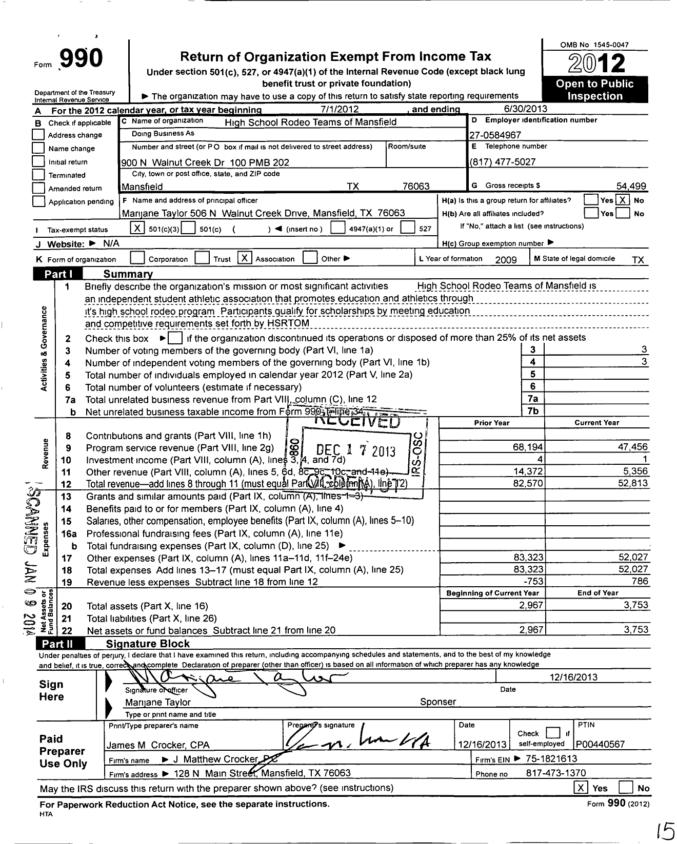 Image of first page of 2012 Form 990 for High School Rodeo Teams of Mansfield