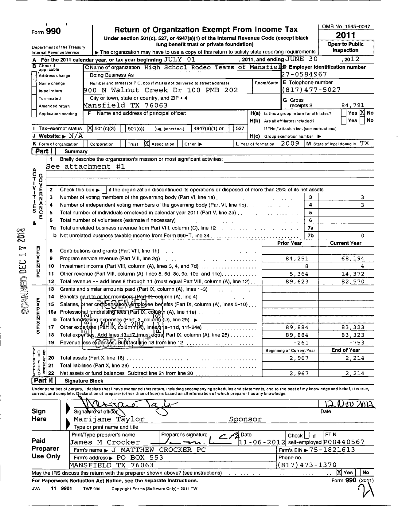 Image of first page of 2011 Form 990 for High School Rodeo Teams of Mansfield