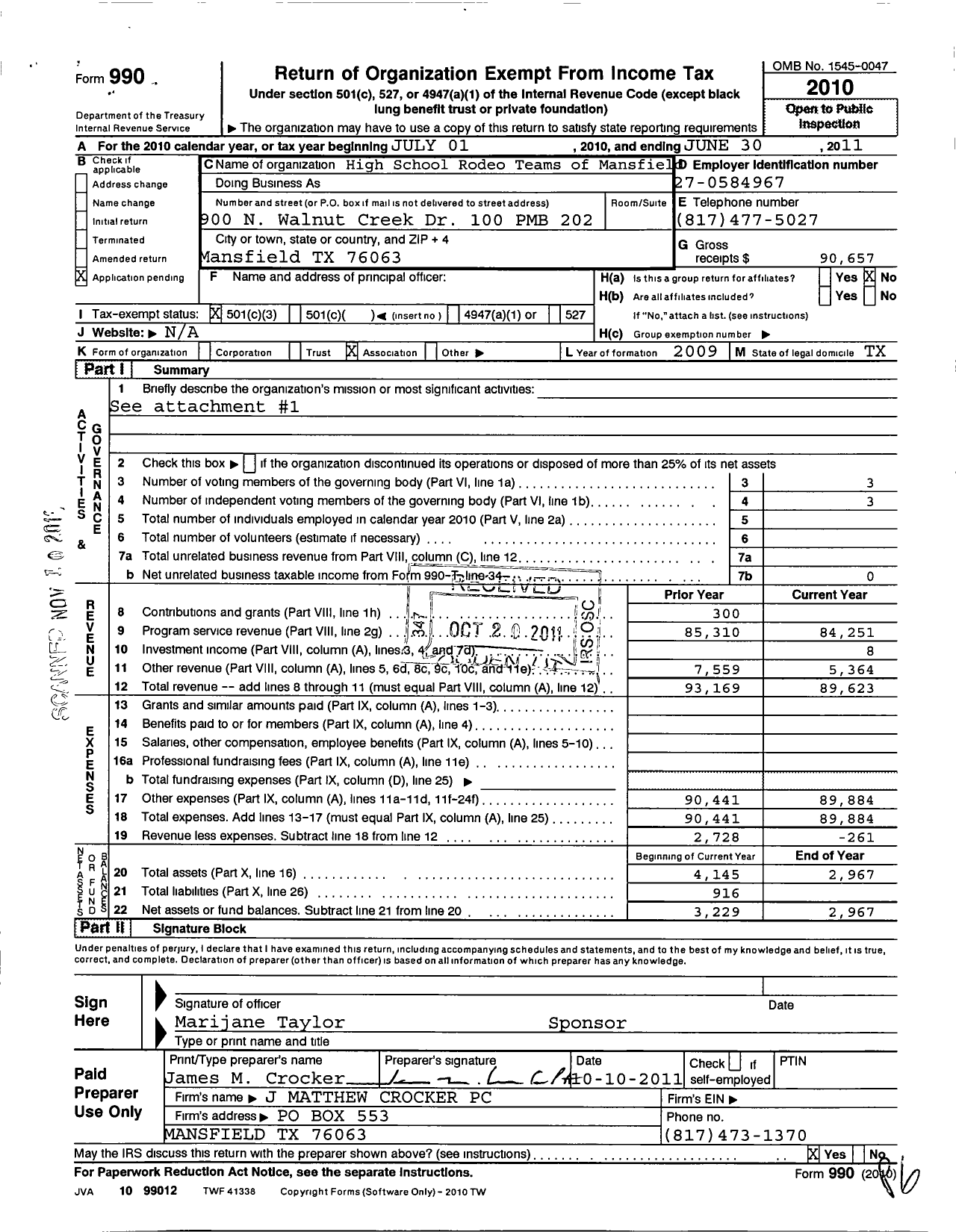 Image of first page of 2010 Form 990 for High School Rodeo Teams of Mansfield