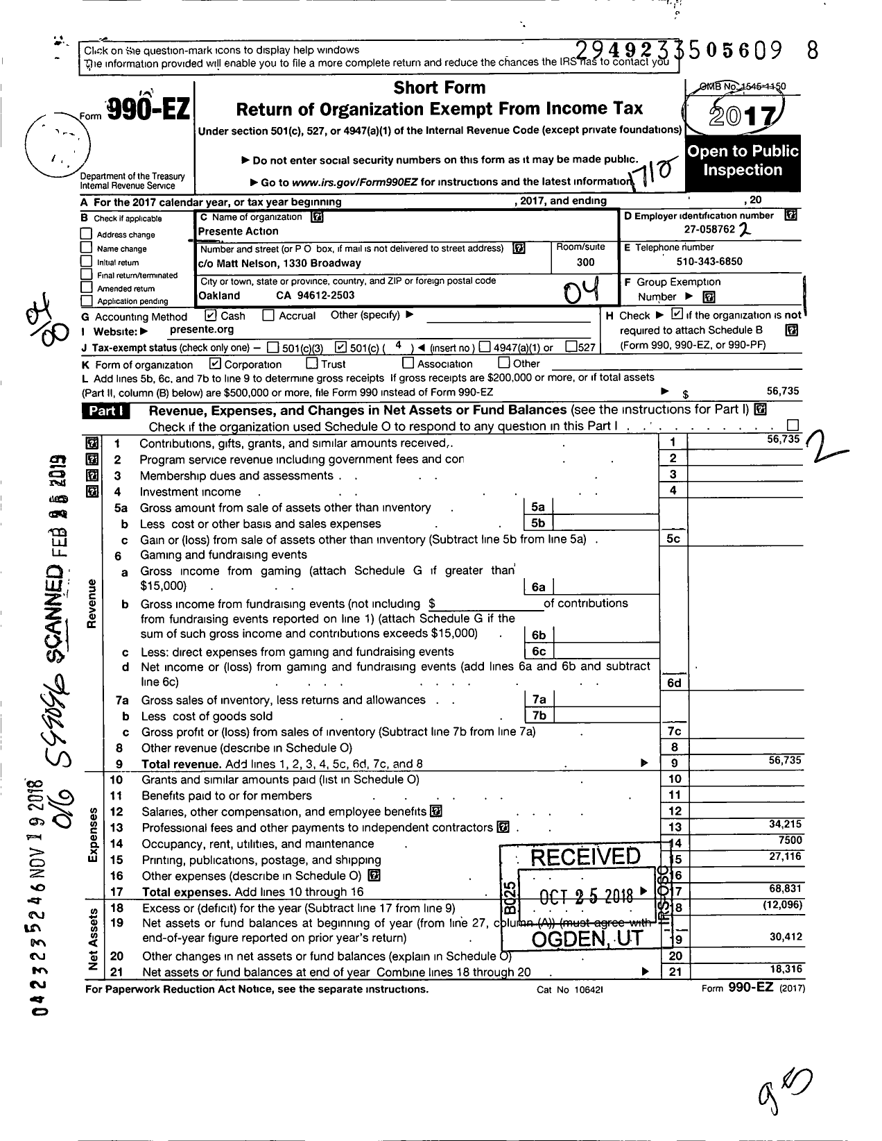 Image of first page of 2017 Form 990EO for Presente Action