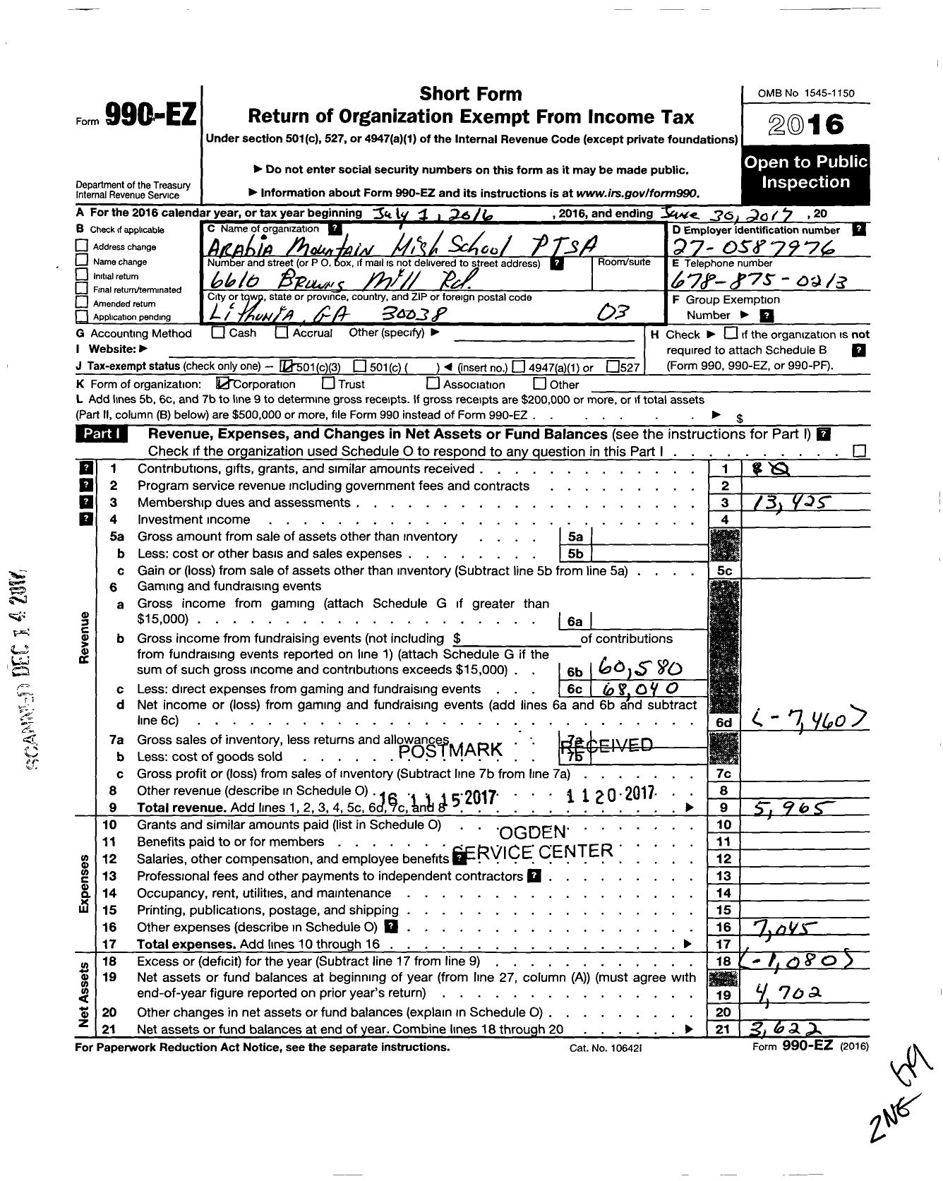 Image of first page of 2016 Form 990EZ for Georgia PTA - Arabia Mountain HS Ptsa