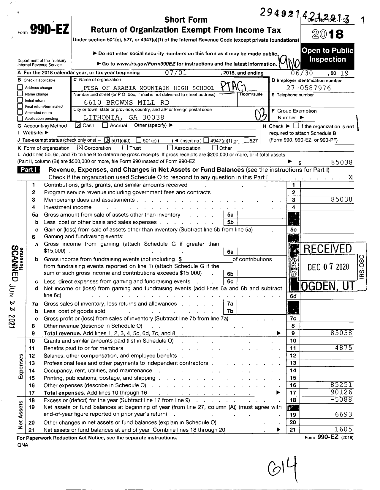 Image of first page of 2018 Form 990EZ for Georgia PTA - Arabia Mountain HS Ptsa