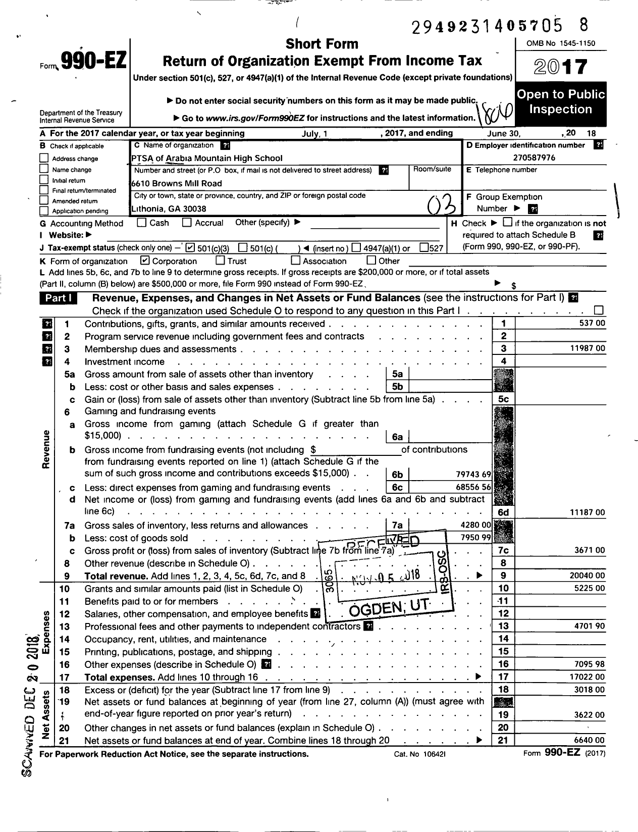 Image of first page of 2017 Form 990EZ for Georgia PTA - Arabia Mountain HS Ptsa