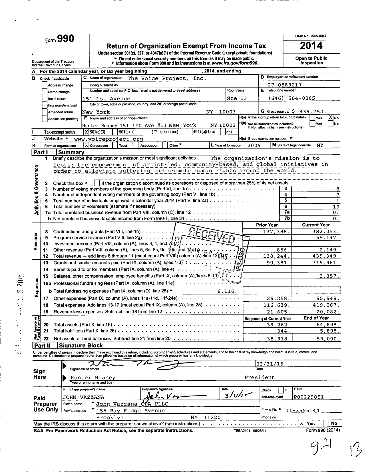 Image of first page of 2014 Form 990 for The Voice Project