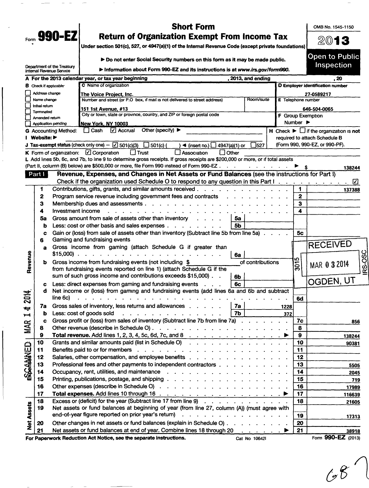 Image of first page of 2013 Form 990EZ for The Voice Project