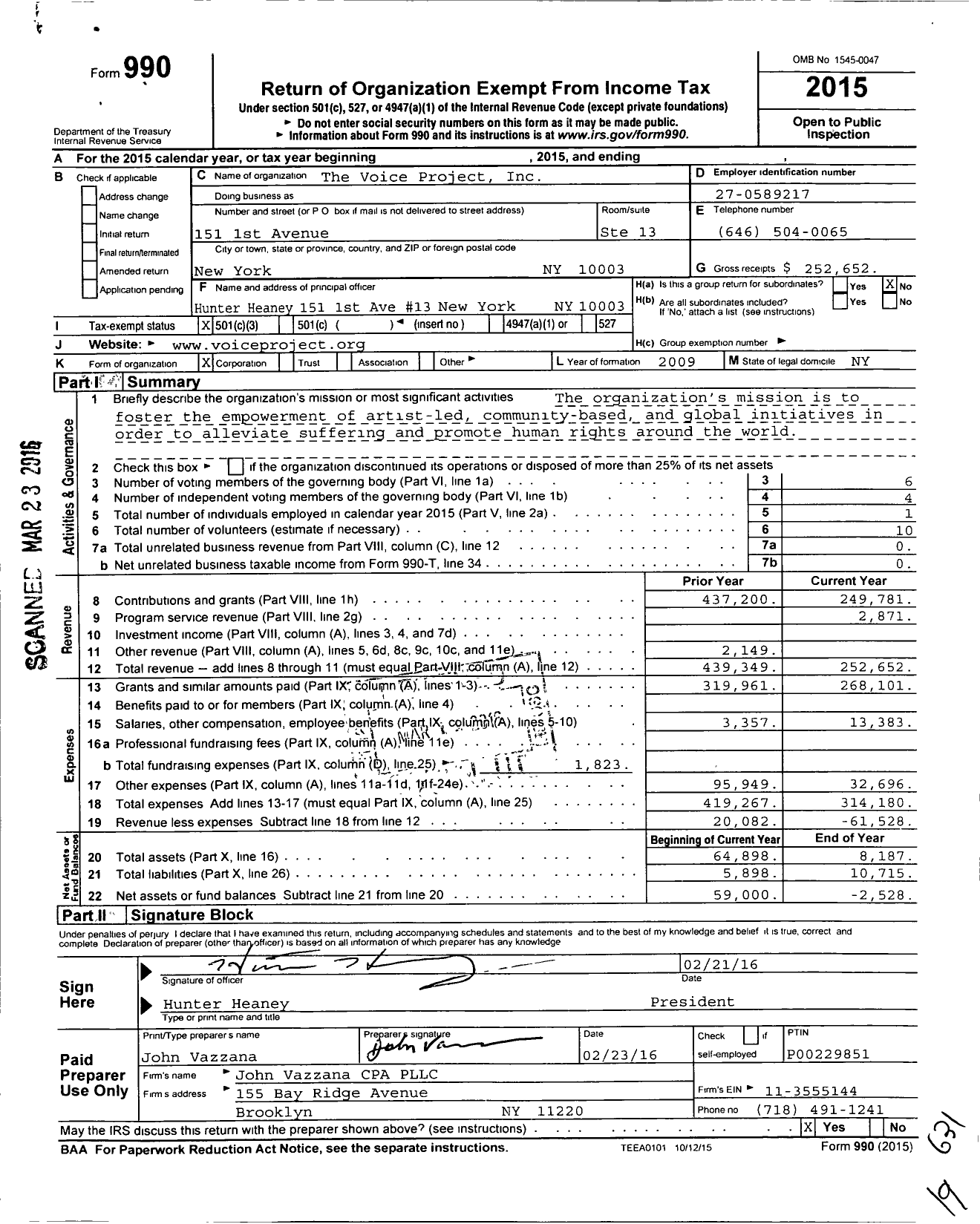 Image of first page of 2015 Form 990 for The Voice Project