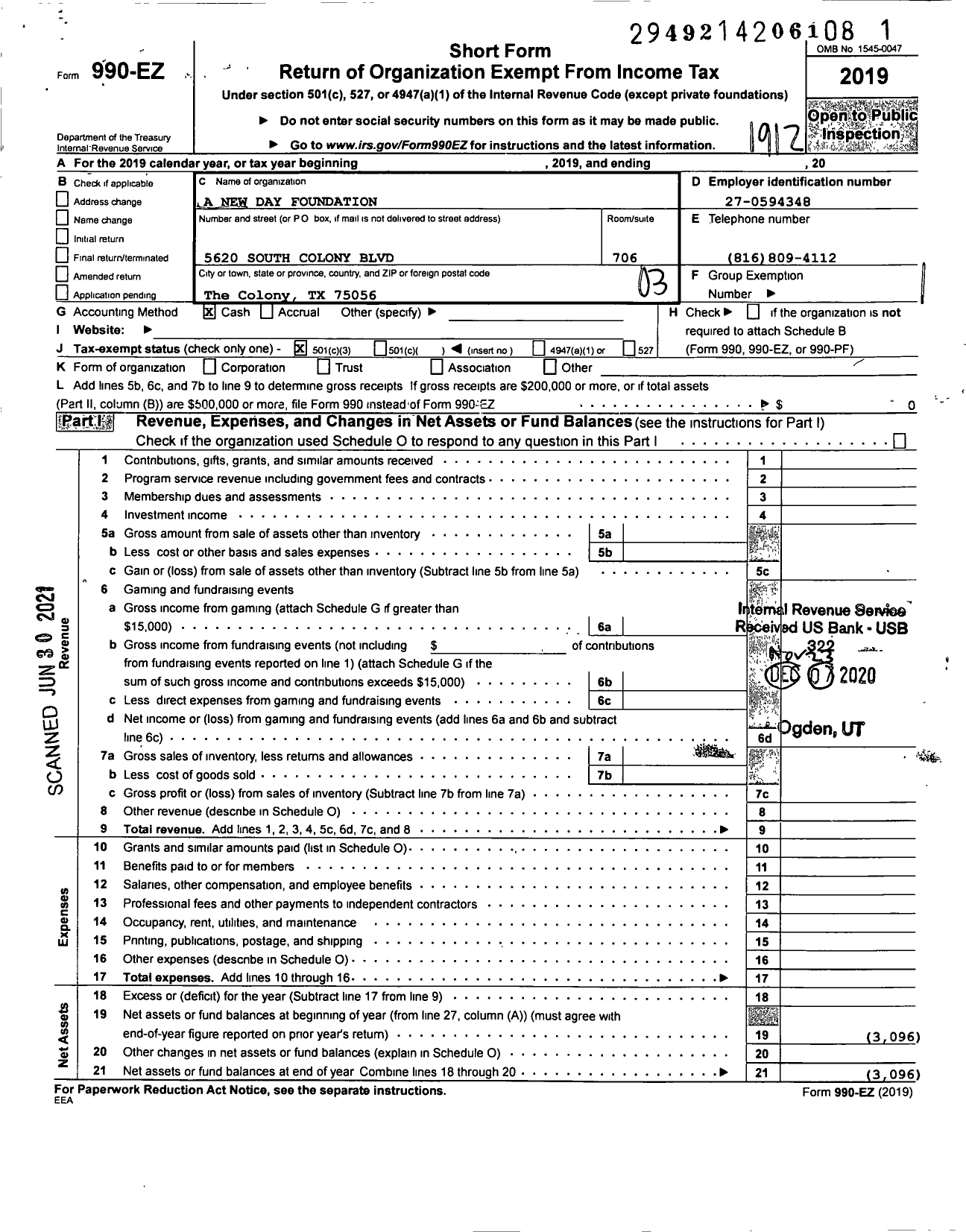 Image of first page of 2019 Form 990EZ for A New Day Foundation