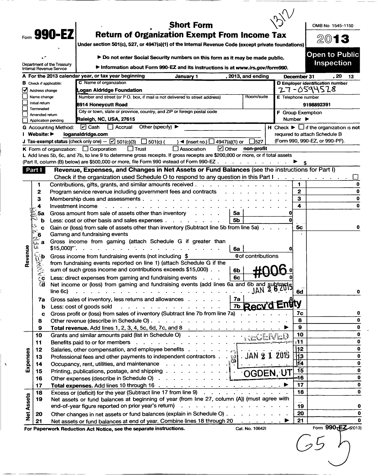 Image of first page of 2013 Form 990EZ for Logan Aldridge Foundation