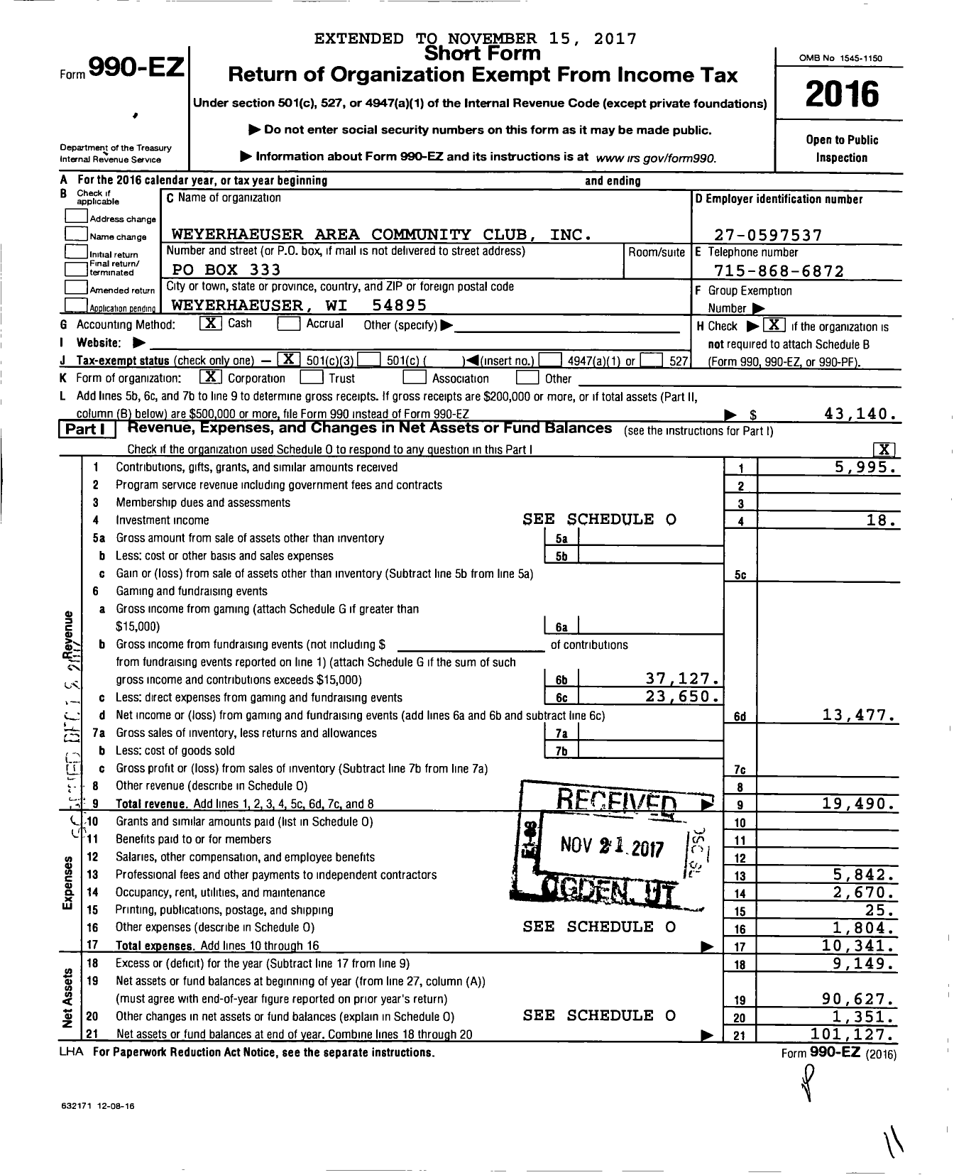 Image of first page of 2016 Form 990EZ for Weyerhaeuser Area Community Club