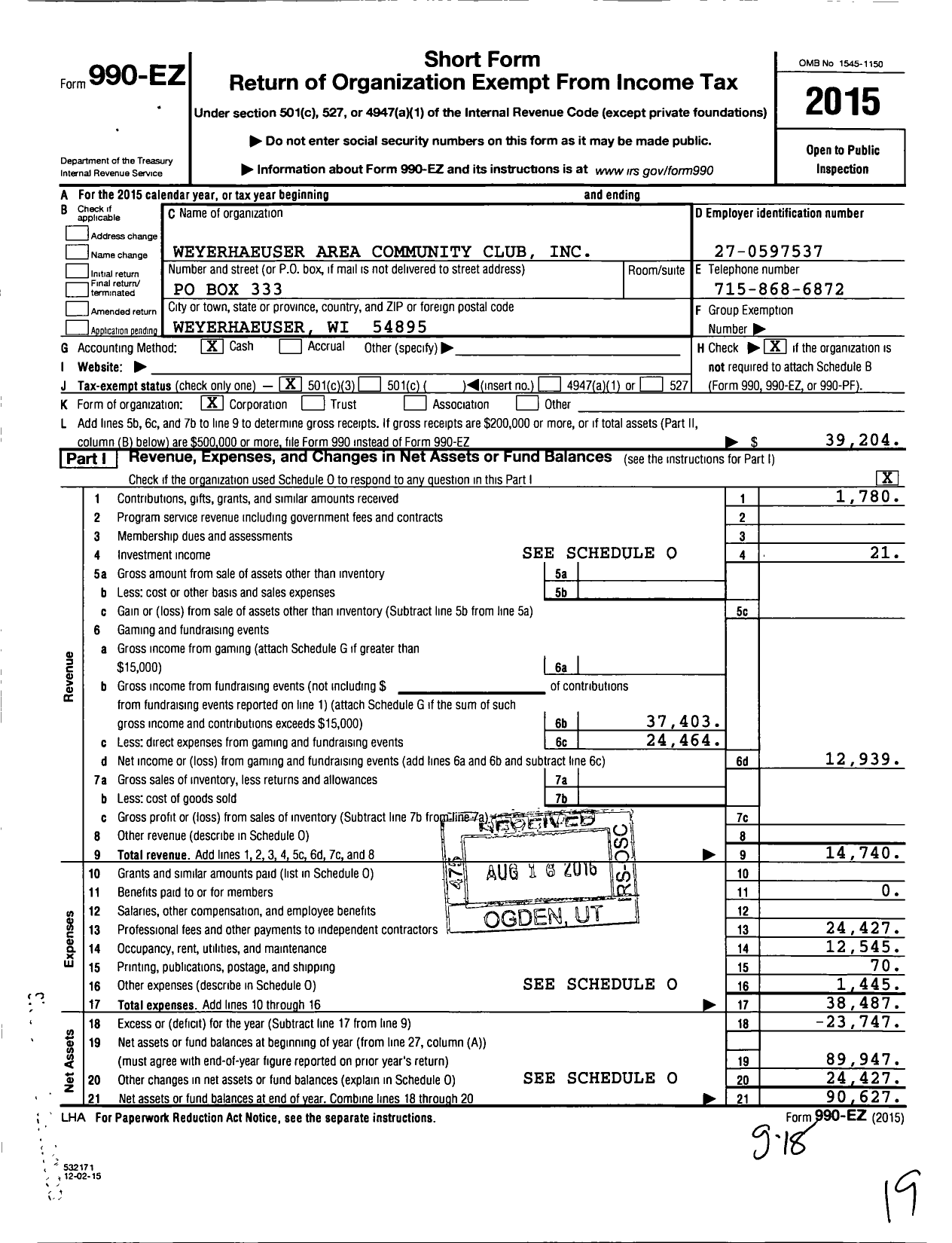 Image of first page of 2015 Form 990EZ for Weyerhaeuser Area Community Club