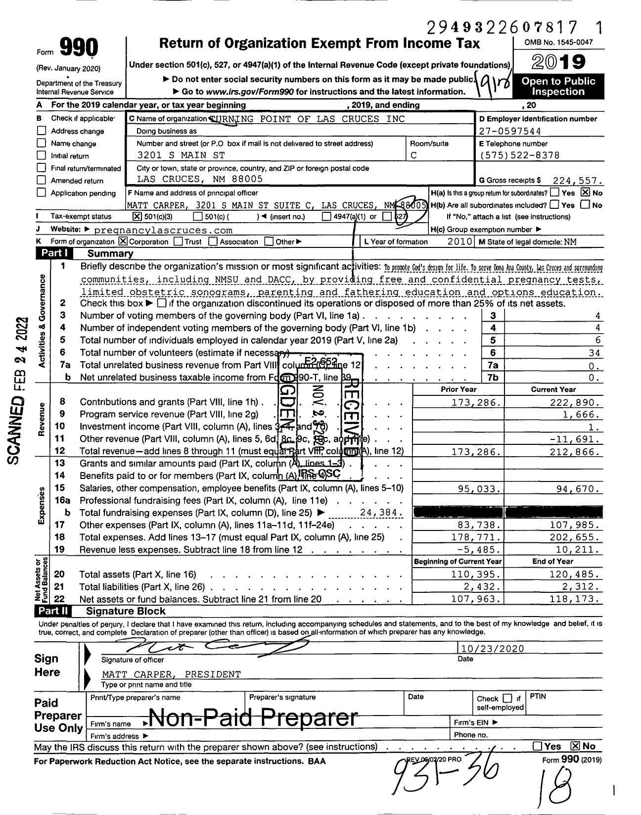 Image of first page of 2019 Form 990 for Turning Point of Las Cruces