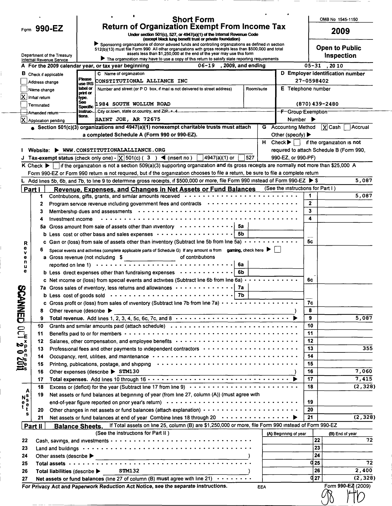 Image of first page of 2009 Form 990EZ for Constitutional Alliance