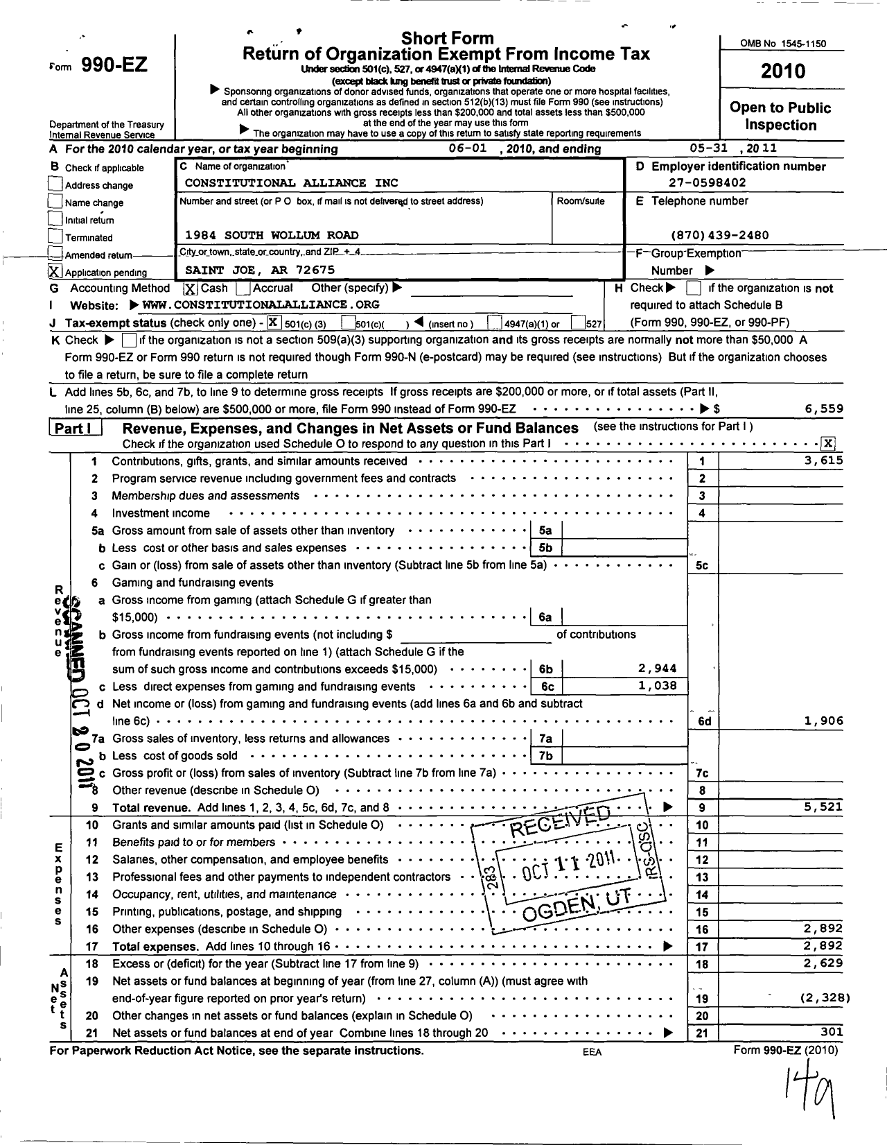 Image of first page of 2010 Form 990EZ for Constitutional Alliance