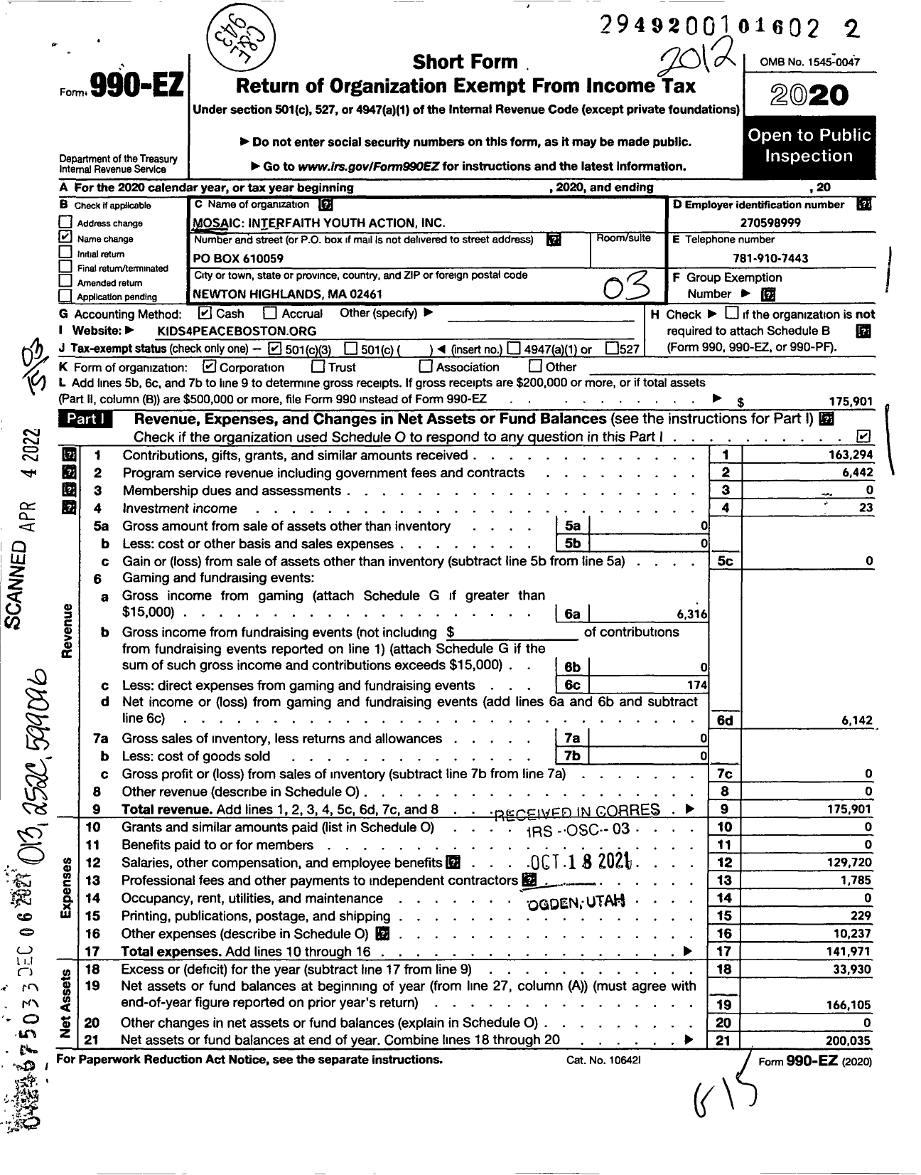 Image of first page of 2020 Form 990EZ for Mosaic Interfaith Youth Action