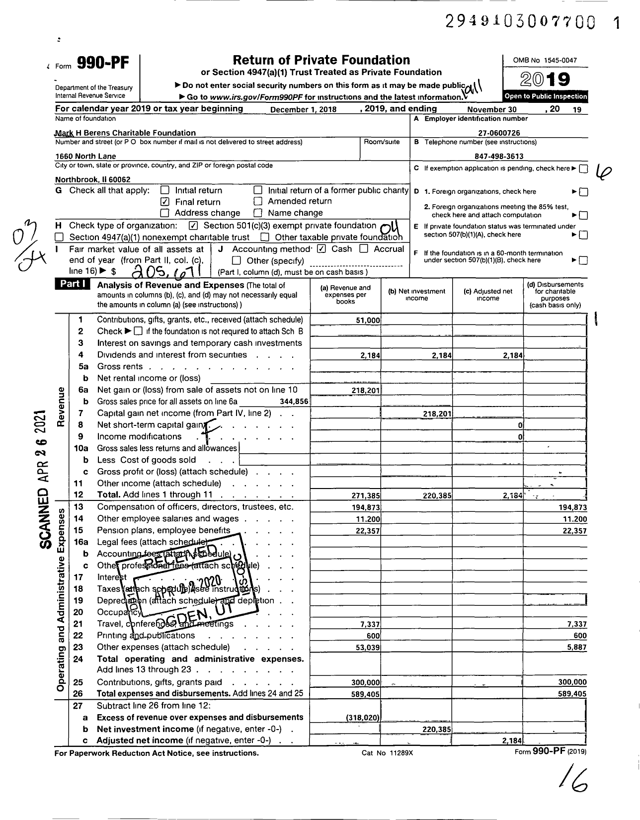 Image of first page of 2018 Form 990PF for Mark H Berens Charitable Foundation