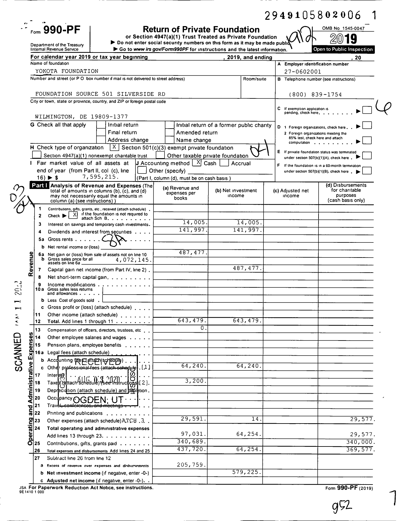 Image of first page of 2019 Form 990PF for 849 Foundation