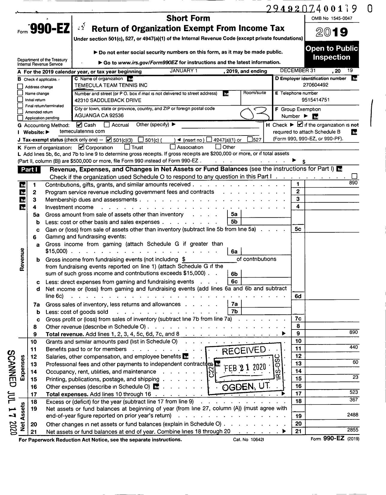 Image of first page of 2019 Form 990EZ for Temecula Team Tennis