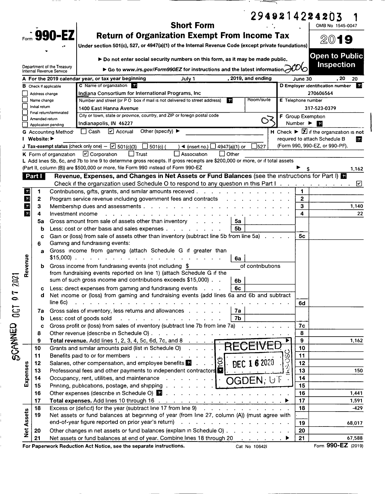 Image of first page of 2019 Form 990EZ for Indiana Consortium for International Programs