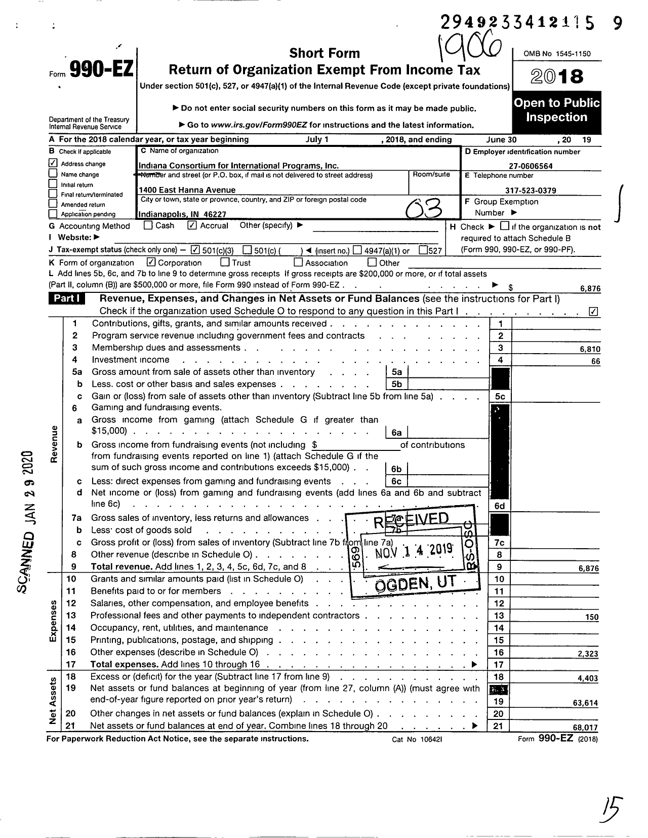 Image of first page of 2018 Form 990EZ for Indiana Consortium for International Programs