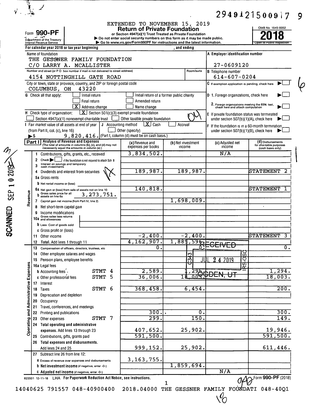 Image of first page of 2018 Form 990PF for The Gessner Family Foundation