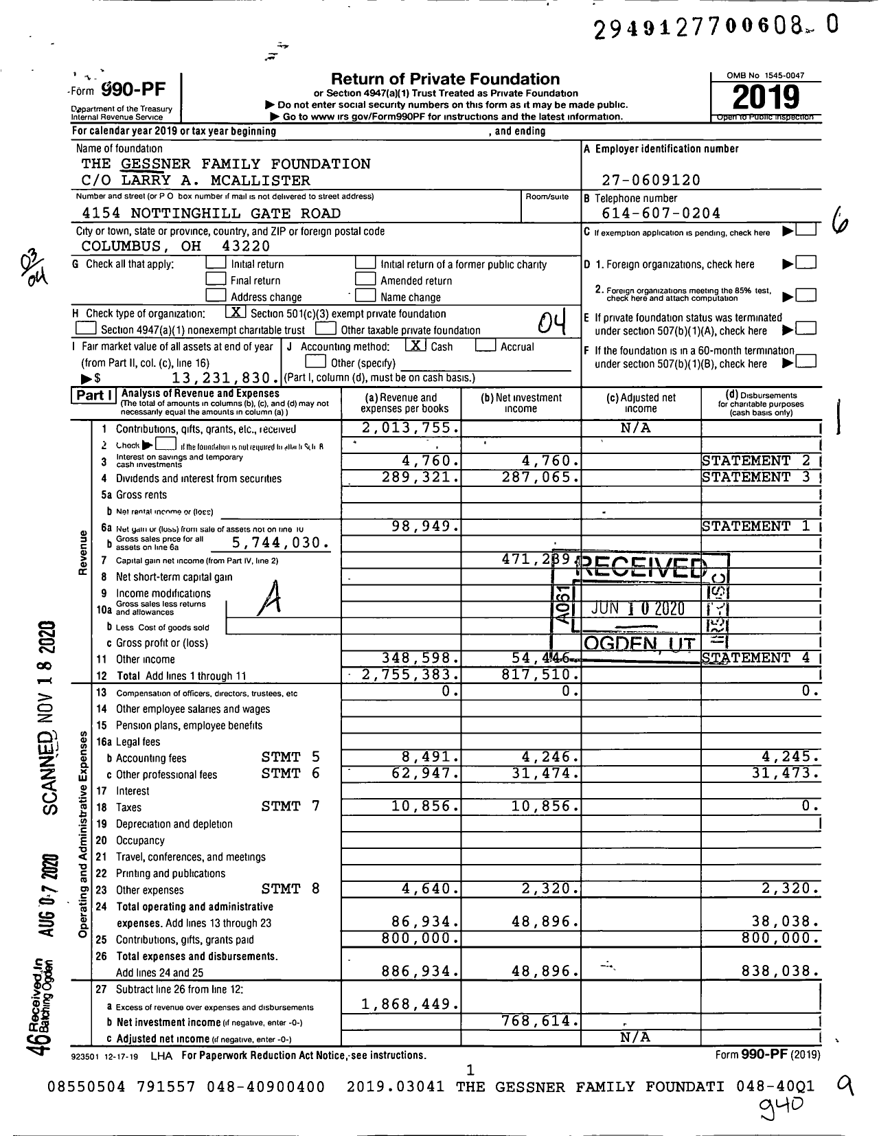 Image of first page of 2019 Form 990PF for The Gessner Family Foundation