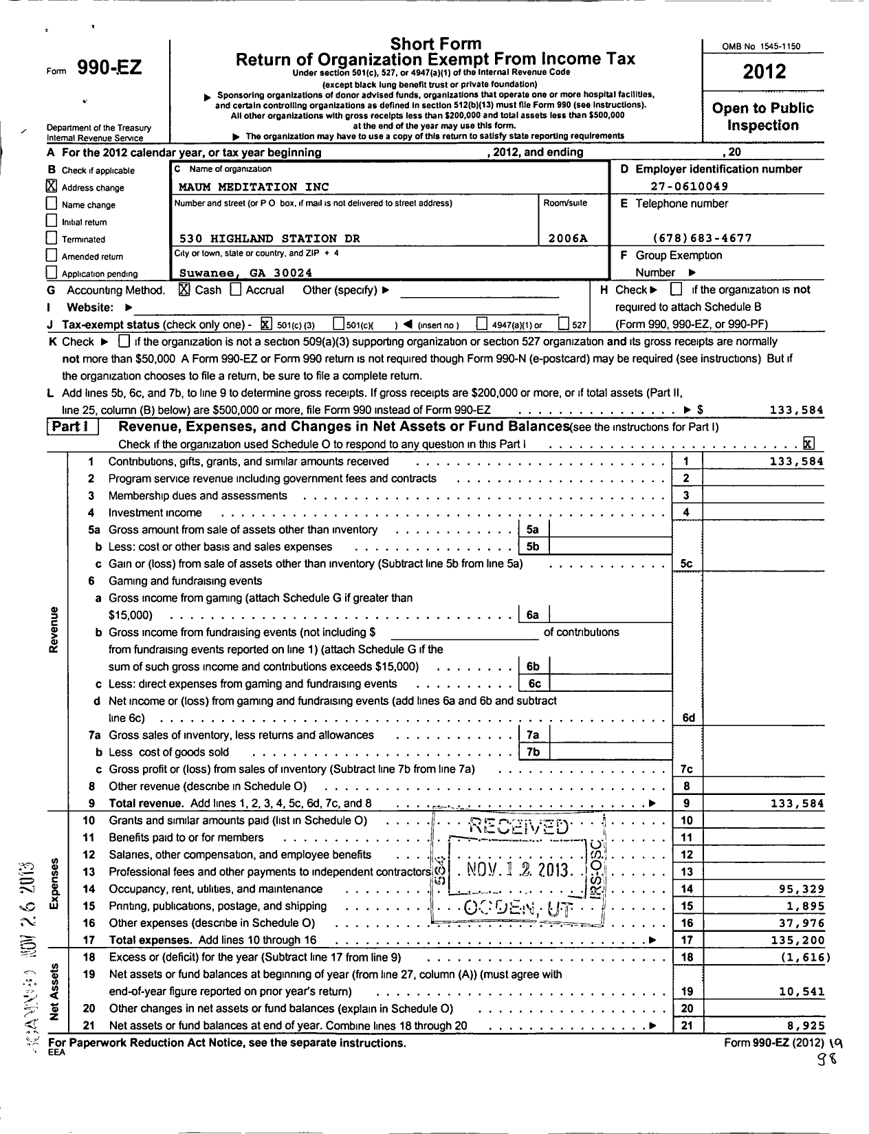 Image of first page of 2012 Form 990EZ for Suwanee Meditation