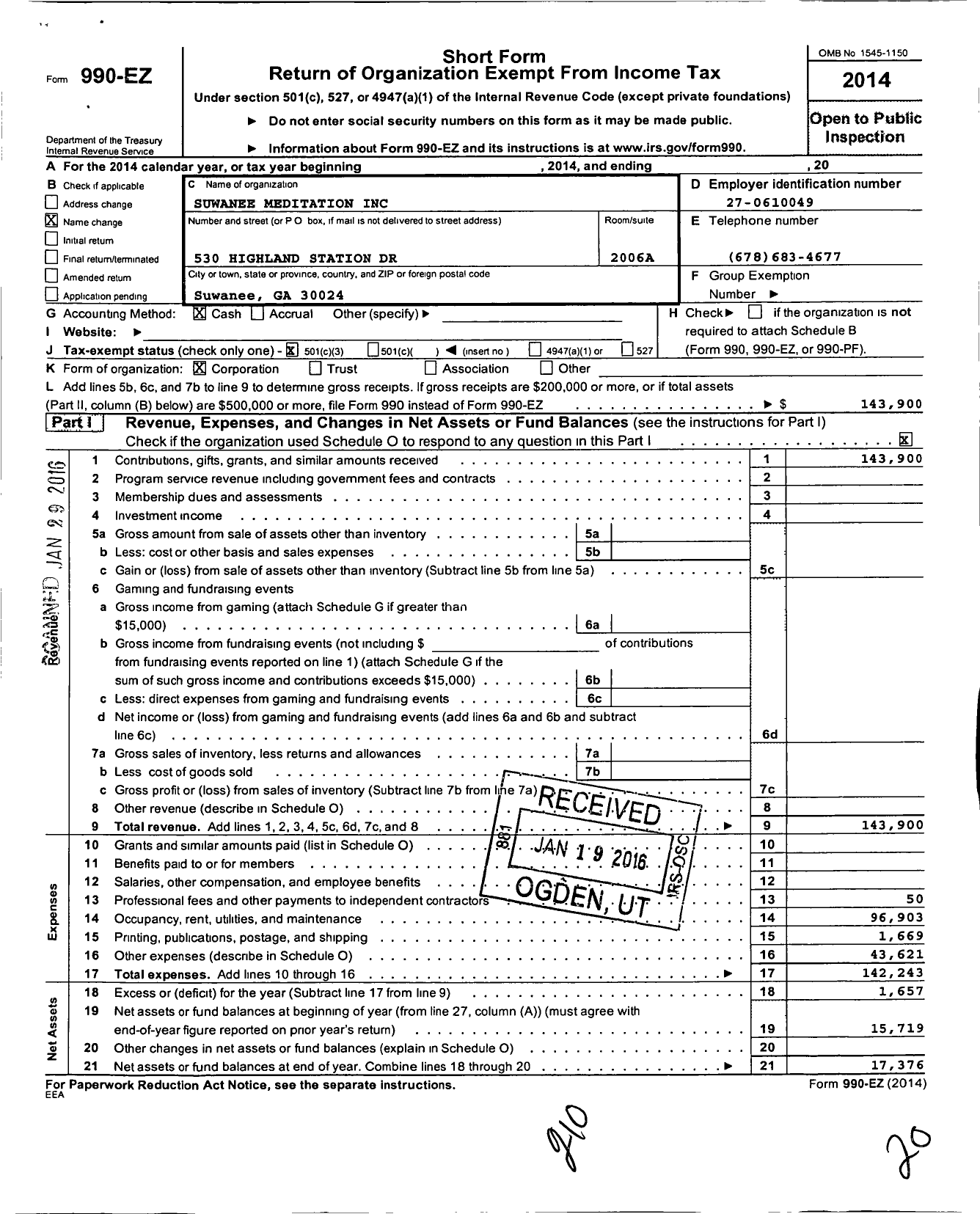 Image of first page of 2014 Form 990EZ for Suwanee Meditation