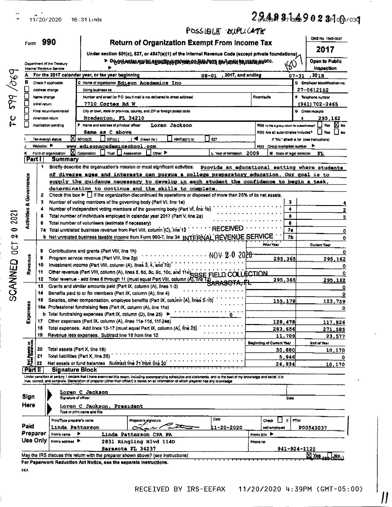 Image of first page of 2017 Form 990 for Edison Academics