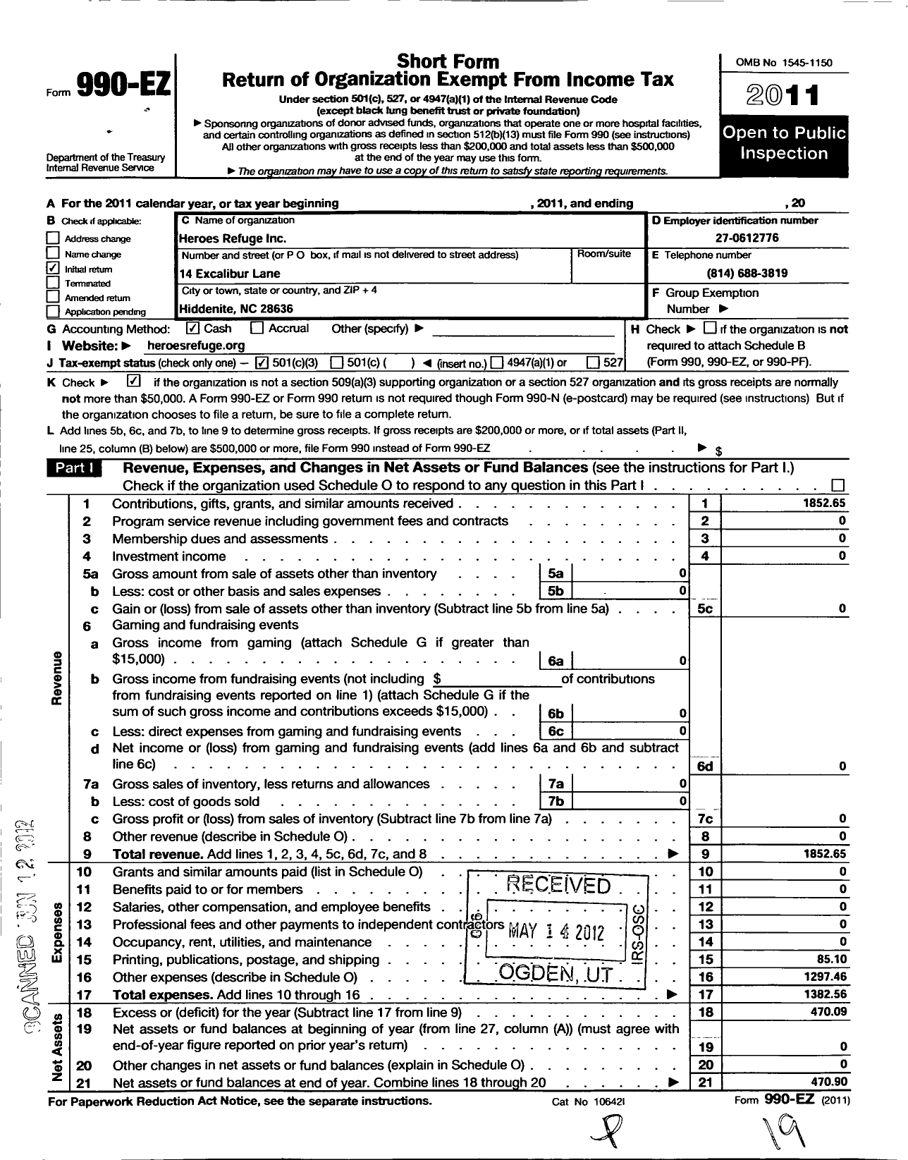 Image of first page of 2011 Form 990EZ for Heroes Refuge