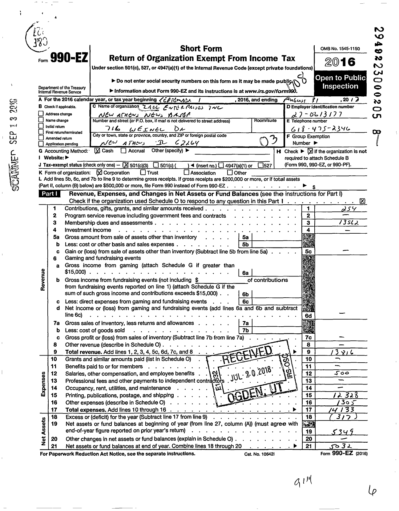 Image of first page of 2016 Form 990EZ for Zacc Enterprises New Athens News Brief