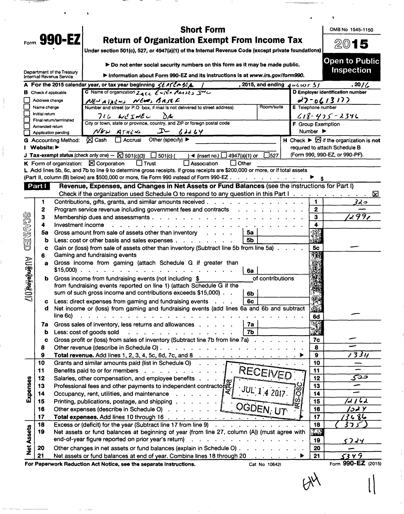 Image of first page of 2015 Form 990EZ for Zacc Enterprises New Athens News Brief