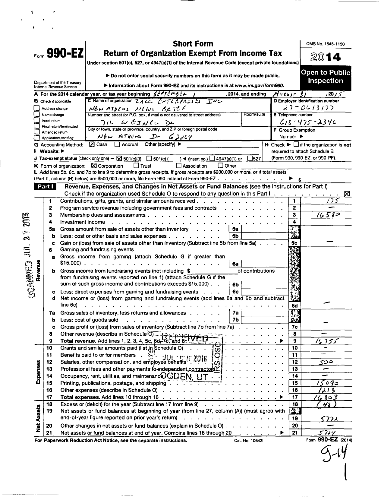 Image of first page of 2014 Form 990EZ for Zacc Enterprises New Athens News Brief