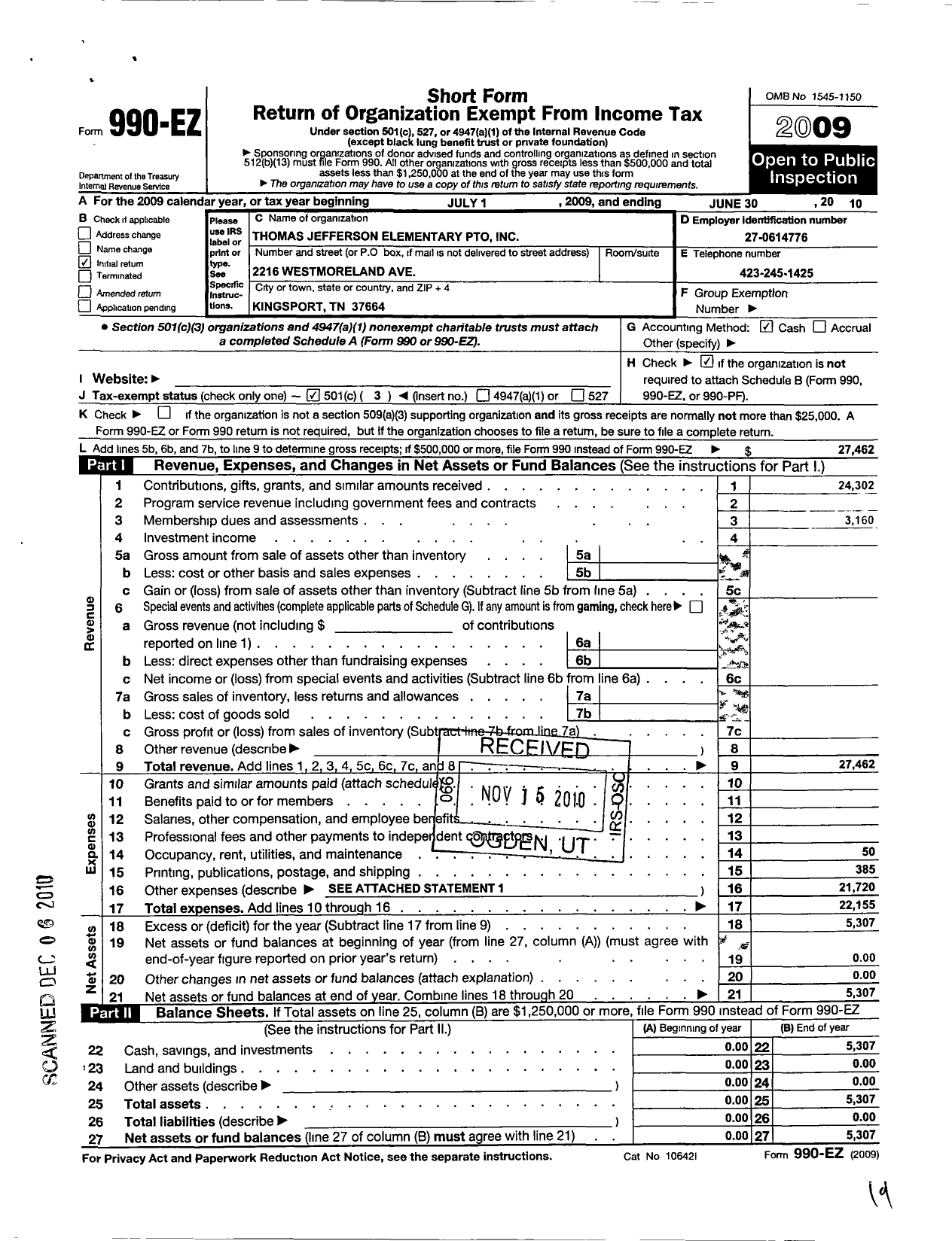Image of first page of 2009 Form 990EZ for Thomas Jefferson Elementary Pto